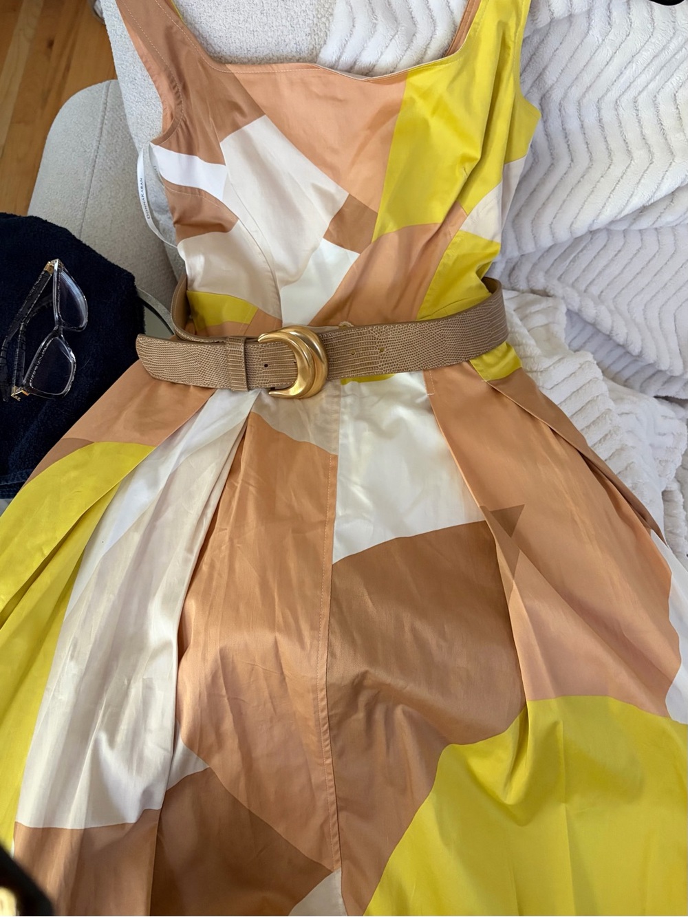 Donna Karan Yellow and Tan Geometric Maxi Dress with Belt - Picture 8 of 8